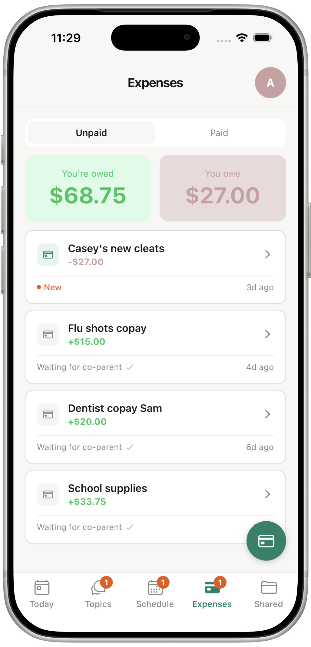 Expenses view with unpaid and paid balances