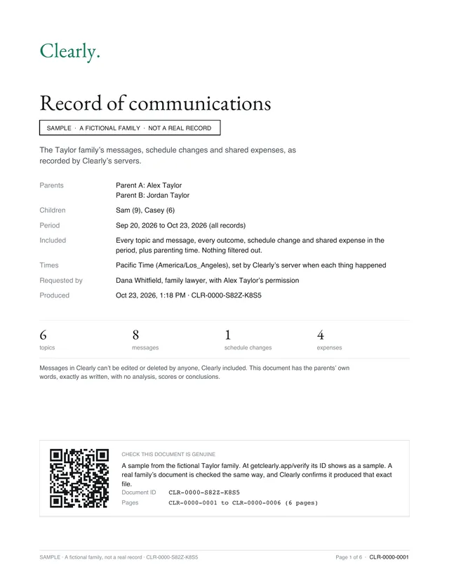 The cover of a Clearly record of communications for a fictional family: parents, children, period, time zone, counts of topics and messages, and a QR code and document ID to check it is genuine.