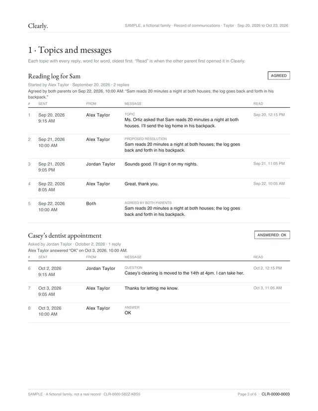 A page of a Clearly record: a topic with every reply in order, each entry numbered with the time it was sent, who sent it and when the other parent first read it.