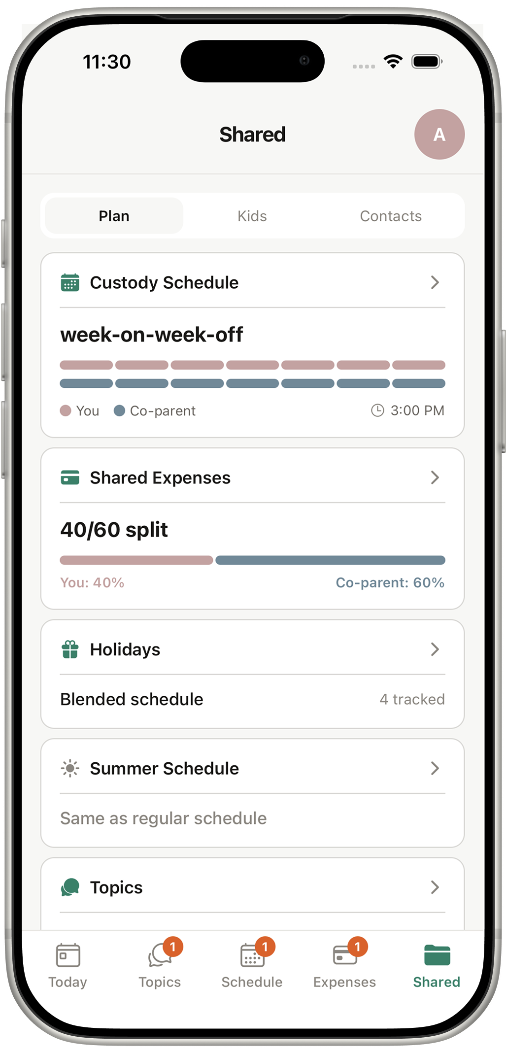 Shared plan, kids, and contacts view
